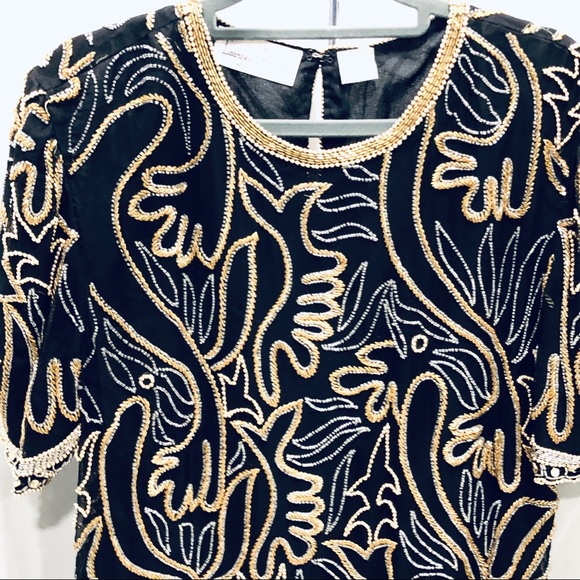 Vtg Women's Silk Beaded Blouse, Black & Gold, Maximalist, Short Sleeve, L / M - Picture 3 of 11